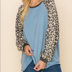 Blue w/ Leopard Sleeve Pullover